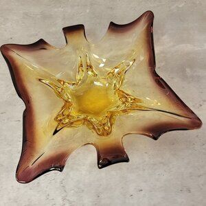 Vintage Amber‎ Glass Art Glass Bowl Maple Leaf Mid Century Art Nouveau Ombre